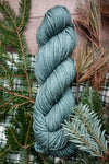 A natural fiber skein of worsted weight yarn has been hand dyed a blue green color. It sits on a tabletop next to spruce branches.