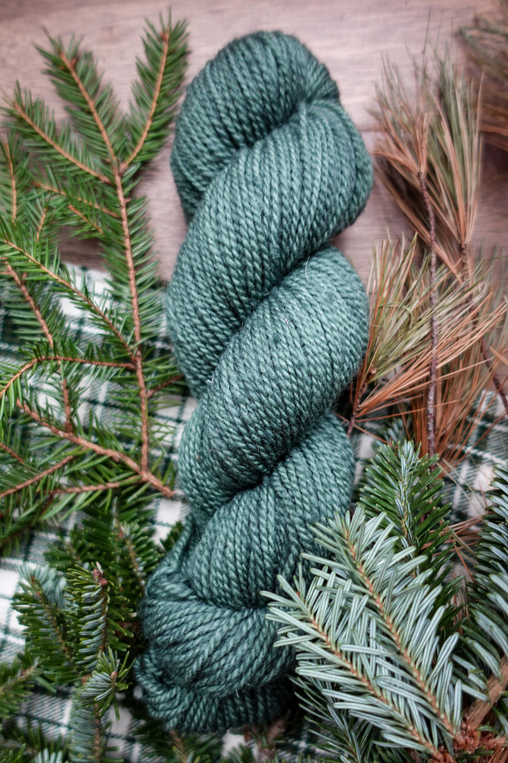 A DK weight skein of yarn has been naturally dyed a blue green color. It lays on a tabletop next to spruce branches.
