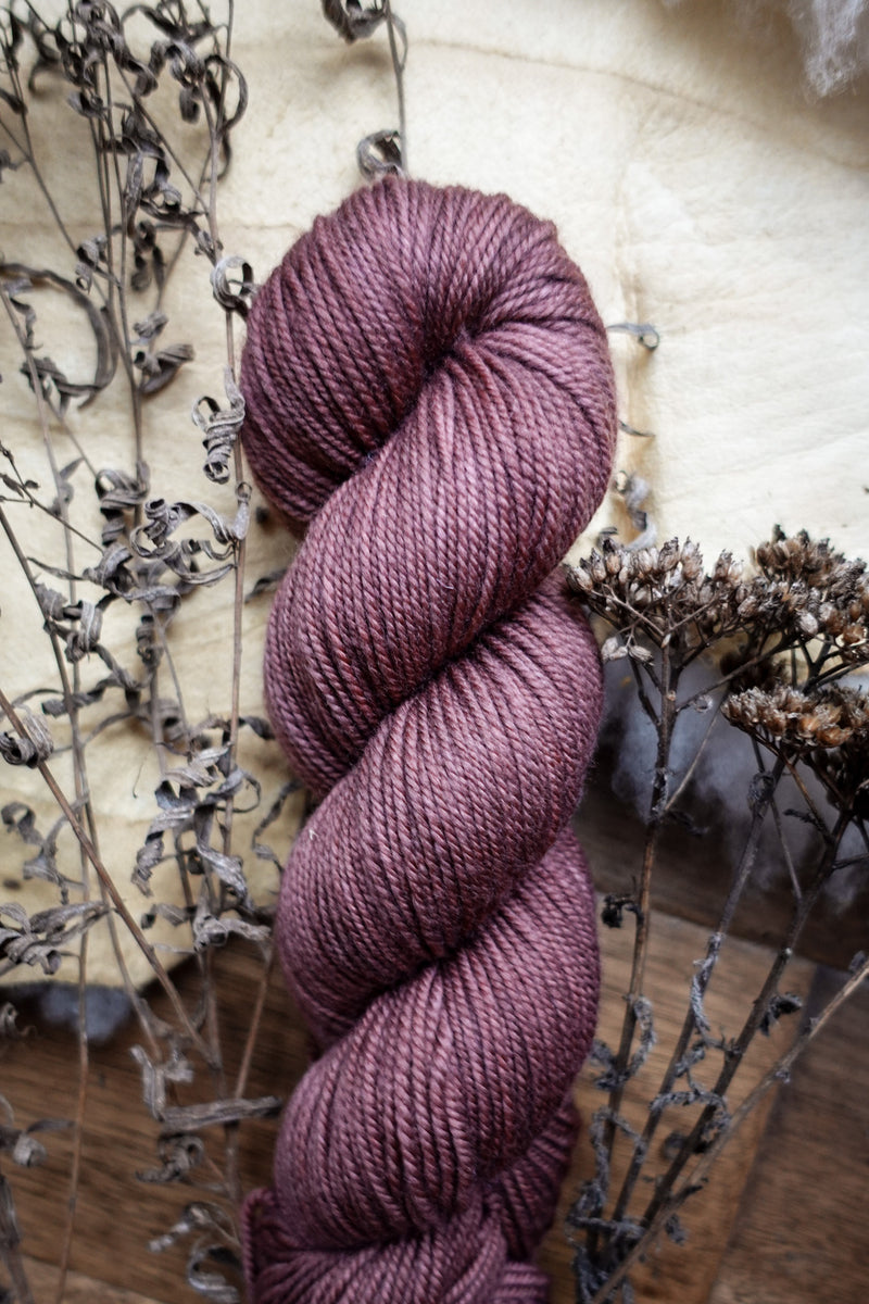 A worsted weight skein of yarn has been hand dyed a reddish pink. It lays on a tabletop next to dried flowers.