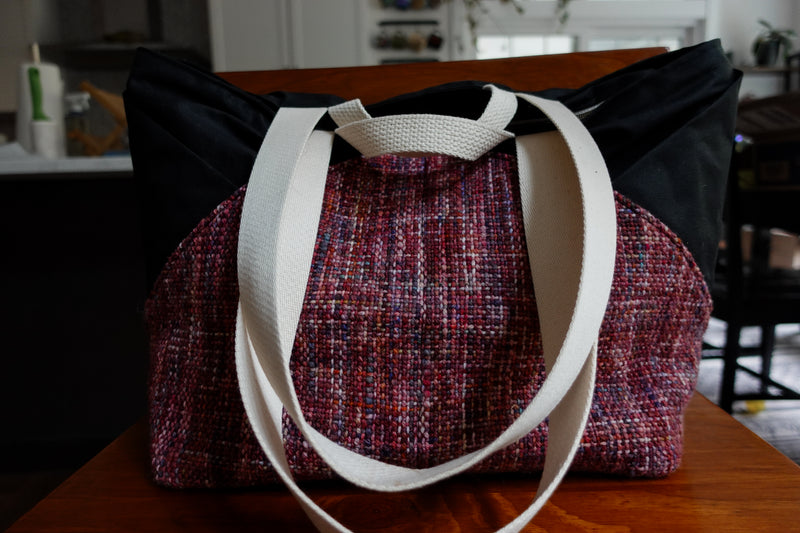 Apex Tote - Pink Oysters, Pink Clouds - Handwoven Wool Fabric, Black Waxed Canvas, Black Cotton Lining