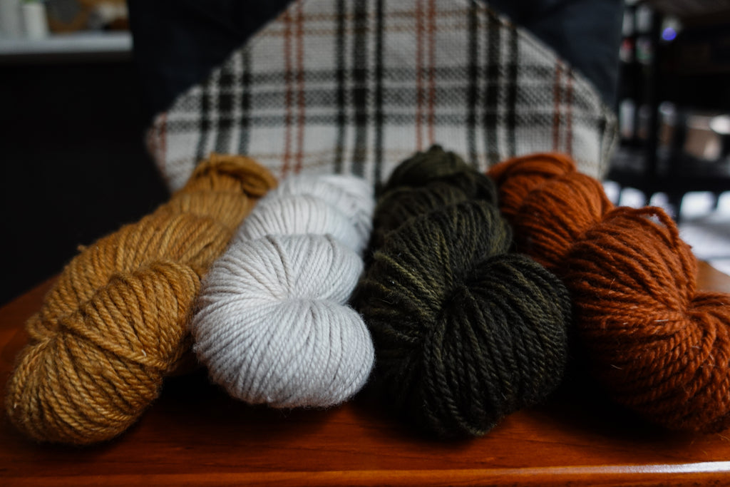 The camera focuses on four skeins of autumnal colored yarn. In the background, a complimentary colored knitting project bag can be seen in the background.