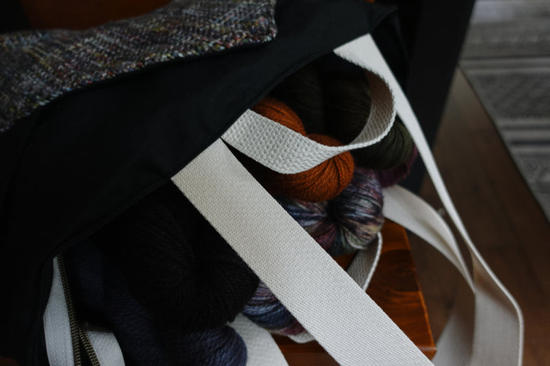 Apex Tote - Inner Turmoil - Handwoven Wool Fabric, Black Waxed Canvas, Black Cotton Lining