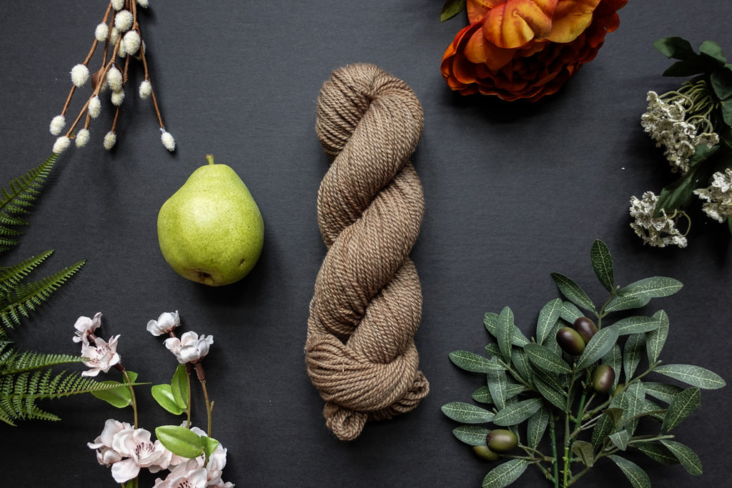 A beige brown skein of DK weight yarn lies on a black surface. It's surrounded by flowers, branches, an orange rose, and a pear.