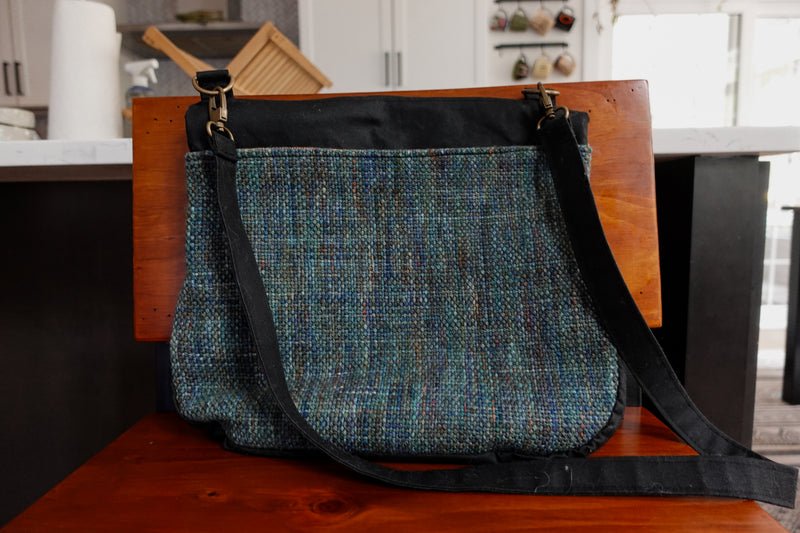 Expedition Tote - Loon on a Lake - Handwoven Wool Fabric, Black Waxed Canvas, Plaid Cotton Lining