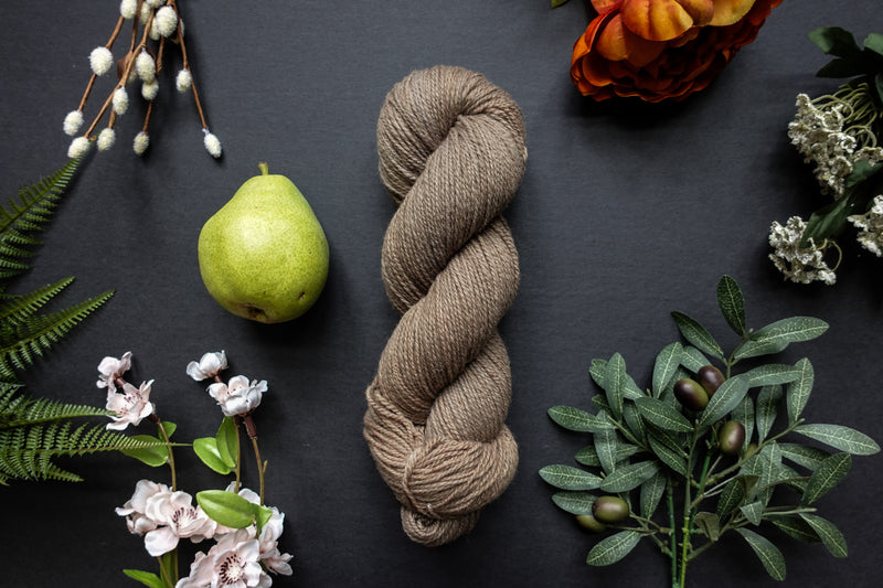 A beige brown skein of sport weight yarn lies on a black surface. It's surrounded by flowers, branches, an orange rose, and a pear.