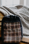 Sandhill Sling Backpack - Brown & Pink Plaid with Mended Stitching - Vintage Wool, Black Canvas, Flannel Lining