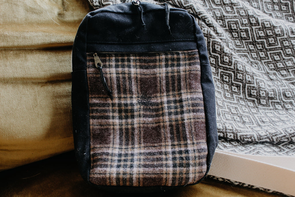 Sandhill Sling Backpack - Brown & Pink Plaid with Mended Stitching - Vintage Wool, Black Canvas, Flannel Lining