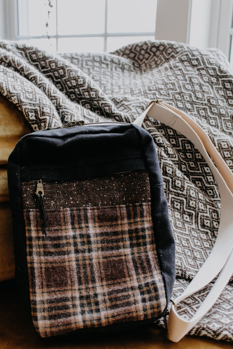 Sandhill Sling Backpack - Brown & Pink Plaid with Brown Tweed - Vintage Wool, Black Canvas, Flannel Lining