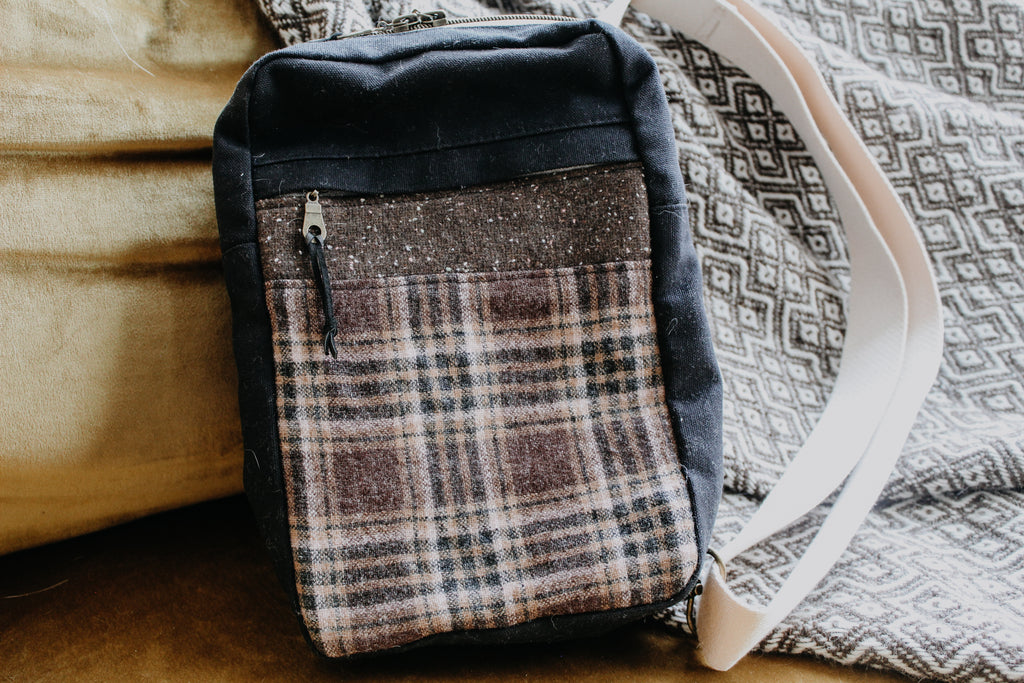 Sandhill Sling Backpack - Brown & Pink Plaid with Brown Tweed - Vintage Wool, Black Canvas, Flannel Lining